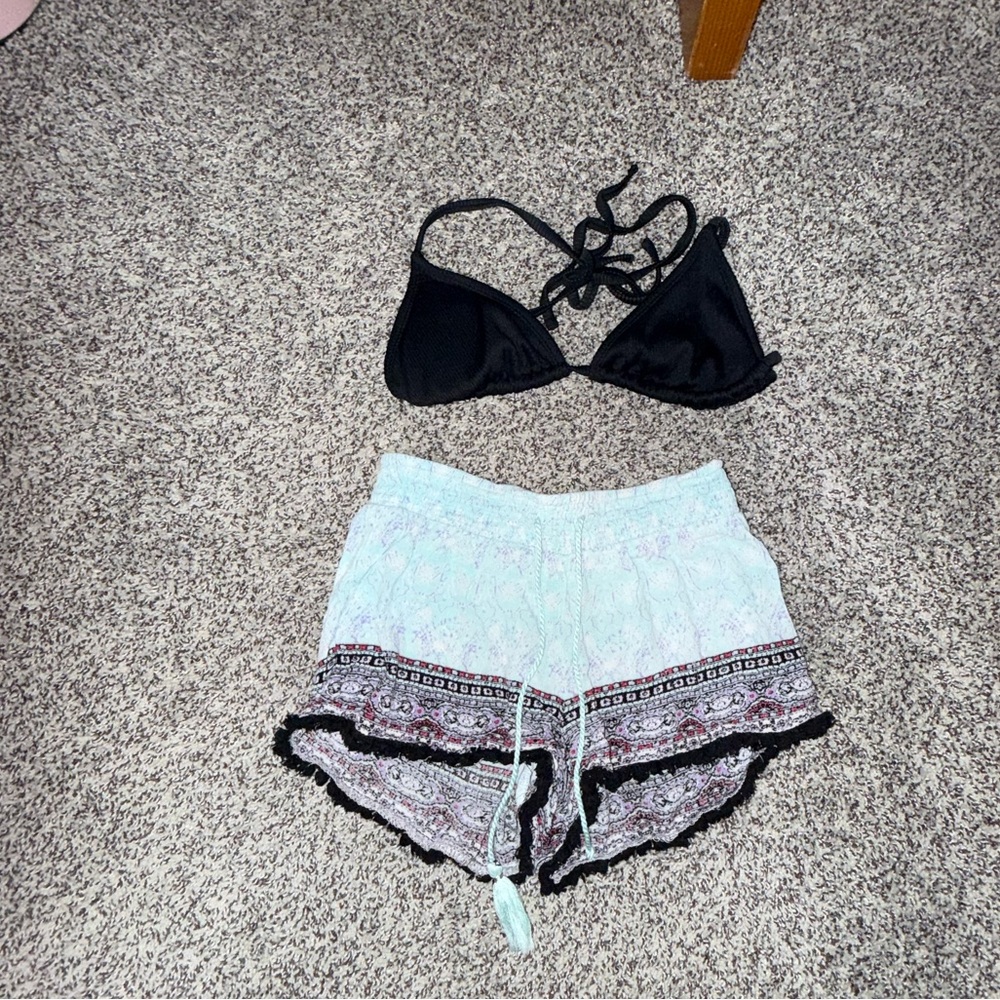 No Boundaries Black Triangle Bikini Top with Light Blue Patterned Shorts